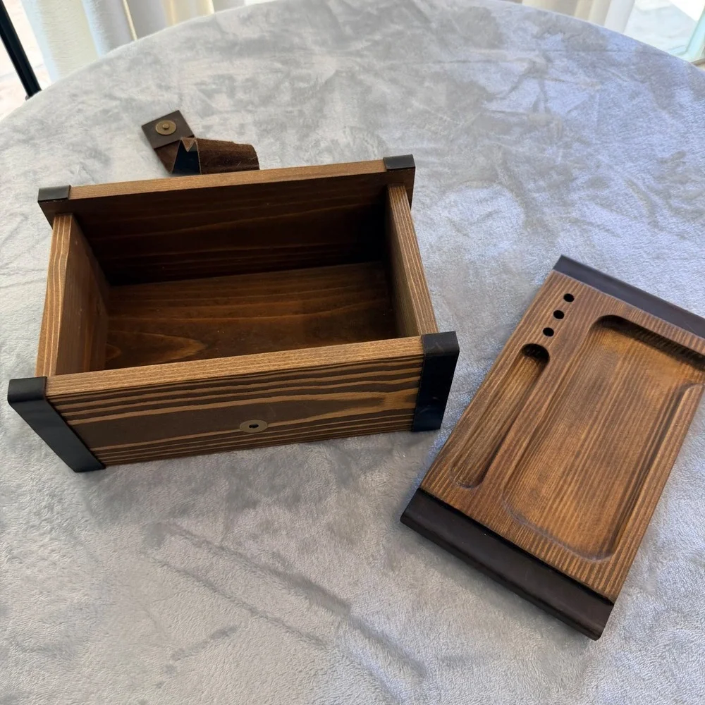 Handmade Wooden Valet Box with Leather Strap and Integrated Rolling Tray Lid